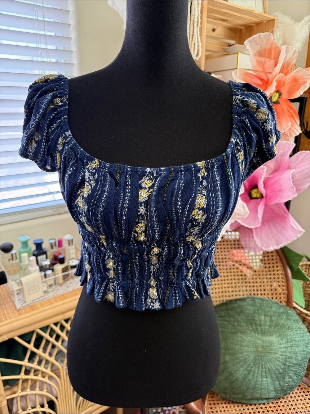 I Heart It Blue Floral Cap Sleeve Smocked Waist Boho Cottage Milkmaid Crop Top